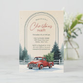 Red Truck Snowy Pine Trees Rustic Christmas Party Kaart (Staand voorkant)