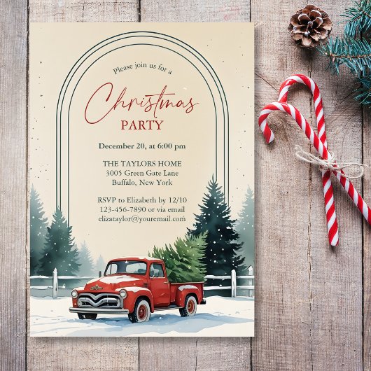 Red Truck Snowy Pine Trees Rustic Christmas Party Kaart