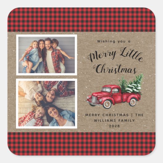  Red Truck Tree 2 FotoKerstmis Vierkante Sticker (Voorkant)