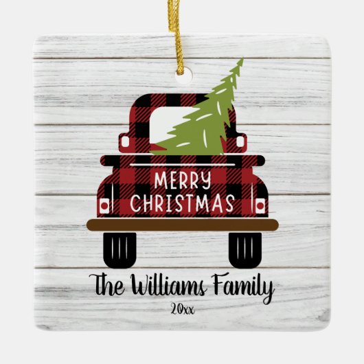 Red Truck Tree Buffalo Play Holiday Keramisch Ornament (Voorkant)