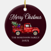 Red Truck Tree Gifts Merry kerst Bourgogne Keramisch Ornament (Achterkant)