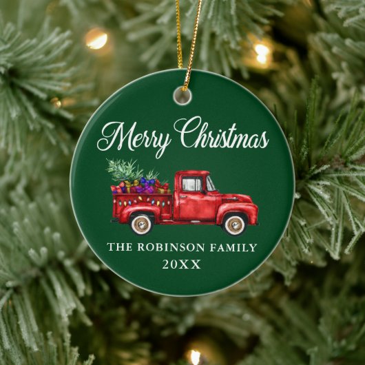 Red Truck Tree Gifts Merry kerstnaam Jaar Keramisch Ornament (Boom)