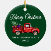 Red Truck Tree Gifts Merry kerstnaam Jaar Keramisch Ornament (Achterkant)