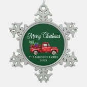 Red Truck Tree Gifts Merry kerstnaam Jaar Tin Sneeuwvlok Ornament (Voorkant)