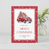Red Truck Tree Snow Stars Vrolijke kerst Kaart (Staand voorkant)