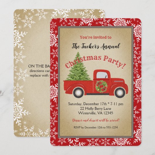 Red Truck Tree & Snowflakes Rustige kerstparty Kaart (Voorkant / Achterkant)
