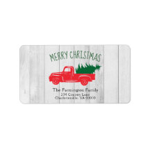  Red Truck & Tree White Wood Gift Label