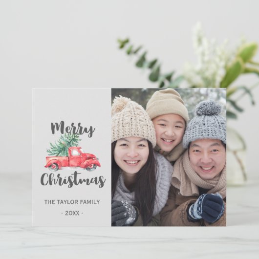 Red Truck & Tree Year in Review kerstfoto Feestdagenkaart (Staand voorkant)
