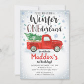 Red Truck Winter ONEderland Invitation Boy 1st Kaart (Voorkant)
