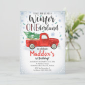 Red Truck Winter ONEderland Invitation Boy 1st Kaart (Staand voorkant)