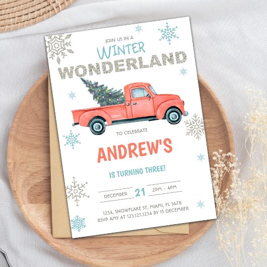 Red Truck Wonderland Birthday Invitations Kaart