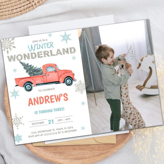 Red Truck Wonderland Birthday Invitations w foto Kaart