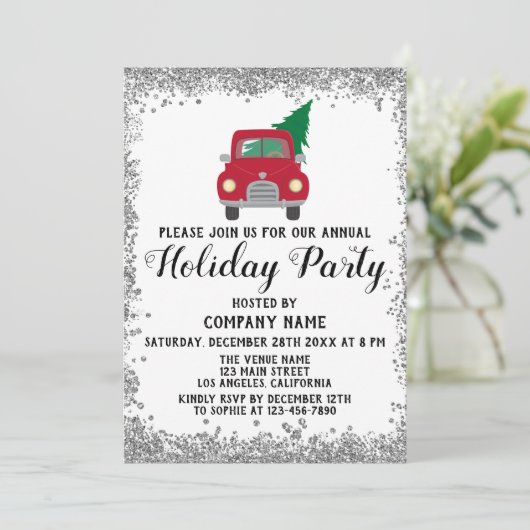 Red Truck Xmas Tree Company Holiday Party Silver Kaart (Staand voorkant)