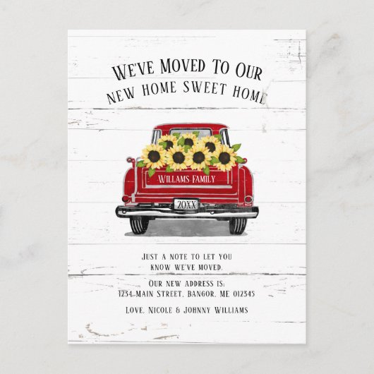  Red Truck Yellow Sunflower Moving Aankondigingskaart (Voorkant)