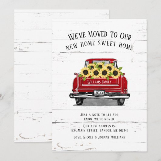 Red Truck Yellow Sunflower Rustic Moving Aankondiging (Voorkant / Achterkant)