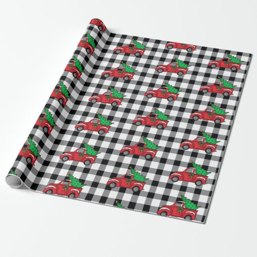 Red Truck | Zwart | White Buffalo Check Pattern WR Cadeaupapier (Uitgerold)