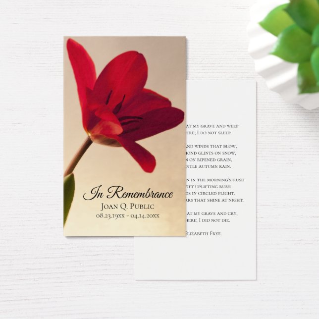 Red Tulip Flower Spring Begrafenis Gebed Visitekaartje (Bureau)