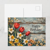 Red Tulips and Daffofils on Blue Wood Briefkaart (Voorkant / Achterkant)