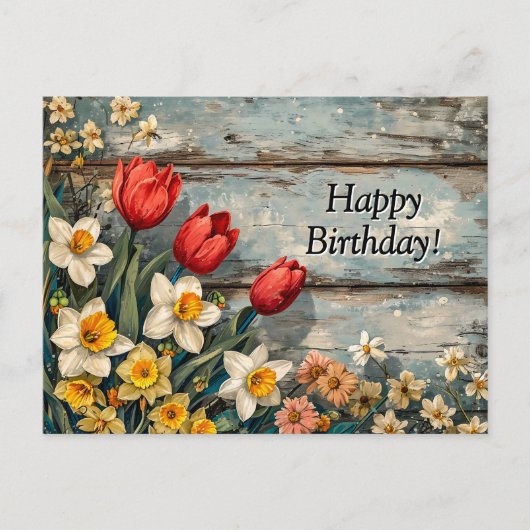 Red Tulips and Daffofils on Blue Wood Briefkaart (Voorkant)