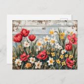 Red Tulips and Daffofils on Blue Wood Briefkaart (Voorkant / Achterkant)
