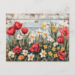 Red Tulips and Daffofils on Blue Wood Briefkaart