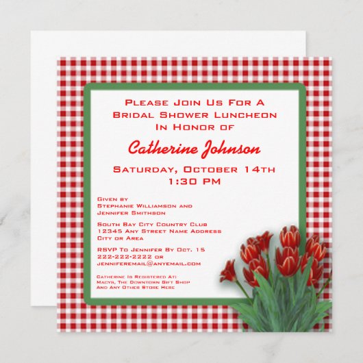 Red Tulips Gingham Gecontroleerd Vrijgezellenfeest Kaart (Voorkant / Achterkant)