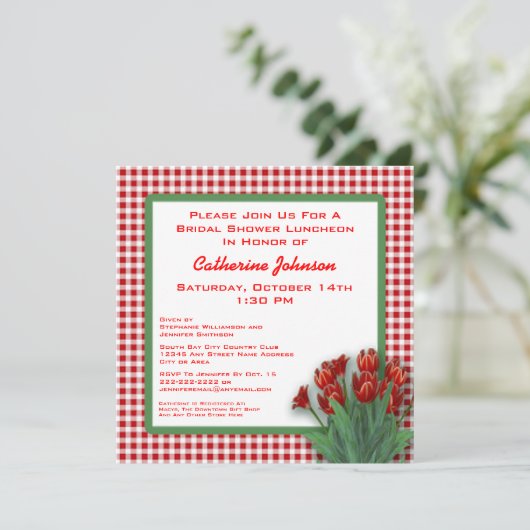 Red Tulips Gingham Gecontroleerd Vrijgezellenfeest Kaart (Staand voorkant)