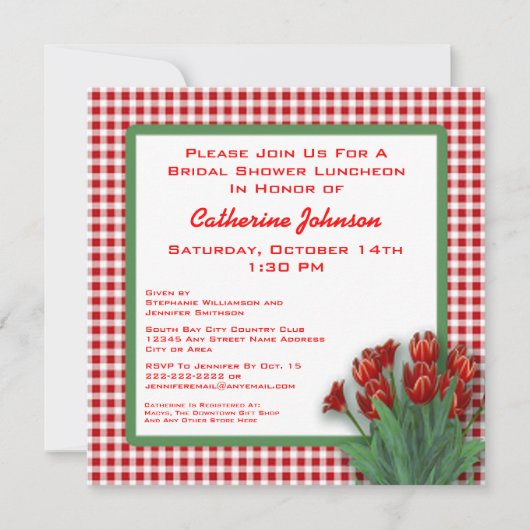 Red Tulips Gingham Gecontroleerd Vrijgezellenfeest Kaart (Voorkant)