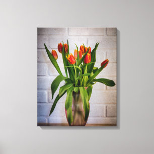 Red Tulips White Brick Wall Canvas Afdruk