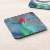 Red Tulp op blauw grijze laat Bier Onderzetter (Linkerzijde)