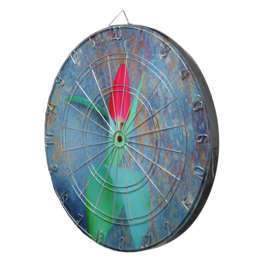 Red Tulp op blauw grijze laat Dartbord (Voorkant Rechts)