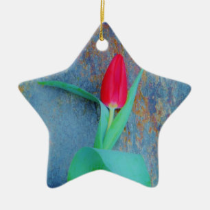 Red Tulp op blauw grijze laat Keramisch Ornament
