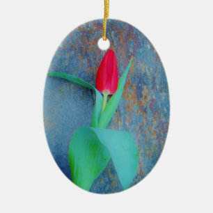 Red Tulp op blauw grijze laat Keramisch Ornament