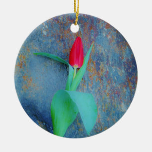Red Tulp op blauw grijze laat Keramisch Ornament