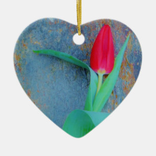 Red Tulp op blauw grijze laat Keramisch Ornament