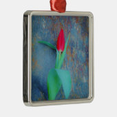Red Tulp op blauw grijze laat Metalen Ornament (Rechts)