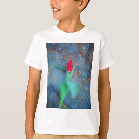 Red Tulp op blauw grijze laat T-shirt (Voorkant)