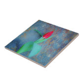 Red Tulp op blauw grijze laat Tegeltje (Zijkant)