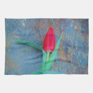 Red Tulp op blauw grijze laat Theedoek