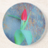 Red Tulp op blauw grijze laat Zandsteen Onderzetter (Voorkant)