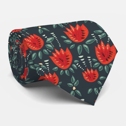 Red Tulps Decorative Abstract Dark Floral Pattern Stropdas (Opgerold)