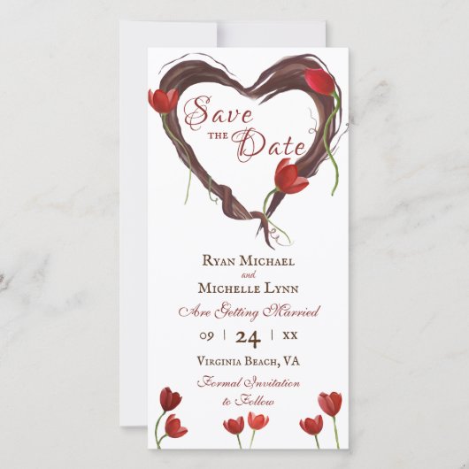 Red Tulps, Love Heart Wreath w/Red Back Weddenscha Save The Date (Voorkant)