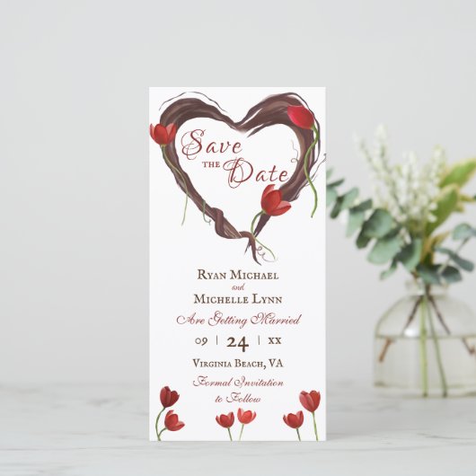 Red Tulps, Love Heart Wreath w/Red Back Weddenscha Save The Date (Staand voorkant)