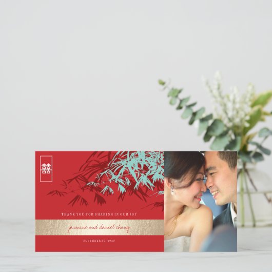 Red Turquoise Bamboo laat de Chinese bruiloft foto Bedankkaart (Staand voorkant)