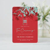 Red & Turquoise Bamboo Leaves Chinese Tea Ceremony Informatiekaartje (Staand voorkant)