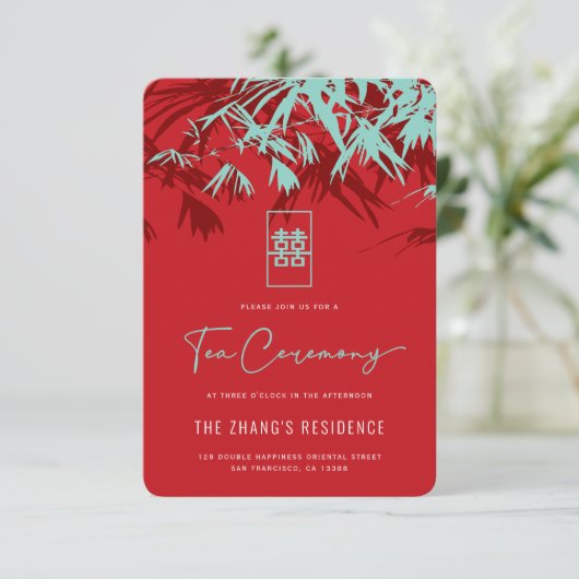 Red & Turquoise Bamboo Leaves Chinese Tea Ceremony Informatiekaartje (Staand voorkant)