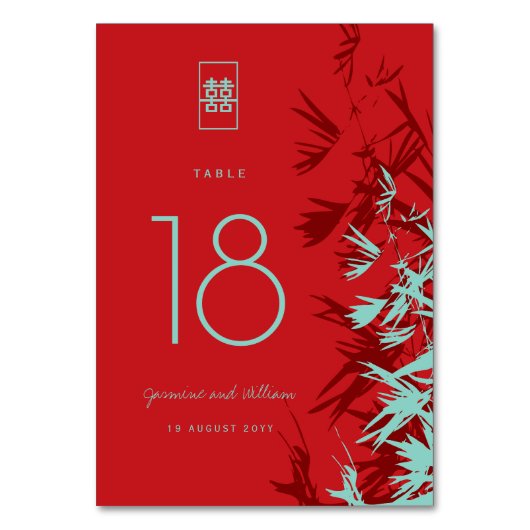 Red & Turquoise Bamboo Leaves Shuang Xi Wedding Kaart (Achterkant)