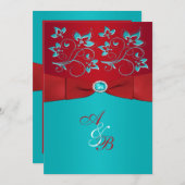 Red Turquoise Floral PRINTED Ribbon Wedding Invite Kaart (Voorkant / Achterkant)
