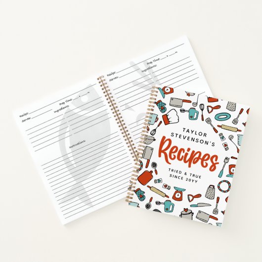 Red Turquoise Hand Drawn Cooking Utensils Recipipi Notitieboek (Binnen)