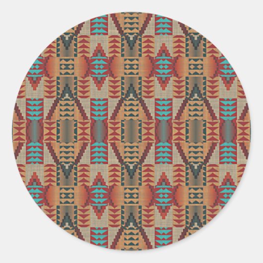 Red Turquoise Oranje bruine etnisch patroonkunst Ronde Sticker (Voorkant)